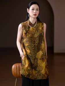 Colorful Flower Sleeveless T-Shirt Small Mandarin Collar Button and Slit Hem