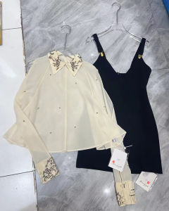 ผู้หญิง แขนยาว ปกโปโล เสื้อลูกปัด ฤดูใบไม้ร่วง 2024 แฟชั่นชุดสายเอี๊ยม กระโปรง Early ฤดูใบไม้ร่วง ภาพวาดสีน้ํามันชุดสมบัติ