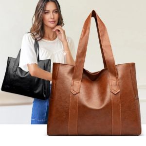 Elegant Womens Tote Bag - Spacious Shoulder Bag with Secure Zip Closure Durable Solid Color Design (Light/Dark Brown or Black)