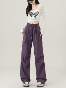 American Style Straight Leg Loose Womens Work Pants Purple High Waist Elastic Waistband Casual Trousers for Traveling