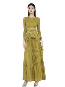 Nova quality⭐One person one pleat ⭐New fashion pleated solid color evening gown long sleeve two-piece set pod hem elastic waist half skirt top elegant commuter suit