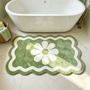 Thảm Tắm Chống Trượt VIKAMA Green Daisy Mềm Mại Thấm Hút Viền Gợn Sóng Thảm Phòng Tắm Họa Tiết Hoa Tự Nhiên Tươi Mát Thảm Sàn Cho Bồn Tắm