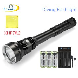 ไฟฉายดำน้ำสกูบากันน้ำประสิทธิภาพสูงใหม่ XHP70.2แสงสีเหลือง/สีขาว6000LM ใต้น้ำยุทธวิธีแบตเตอรี่26650ดำน้ำดำน้ำ