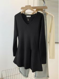 plus Size V-Neck Knitwear Womens Autumn Winter Side Slit Asymmetrical Sweater Slimming Meat Concealing Base Layer Top