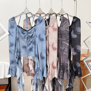 Áo Thun Lưới Dài Tay Cổ Treo Ôm Vừa Vặn Gợi Cảm Viền Ren Không Đều Thời Trang Công Sở Mùa Thu 2024