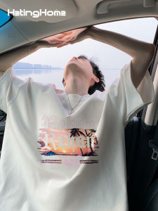 HetingHOME | เสื้อยืดแขนสั้นหลวมสไตล์อเมริกันสำหรับผู้ชายในช่วงฤดูร้อน เสื้อยืดแขนสั้นแบบครึ่งตัวสำหรับคู่รัก Hetinghome