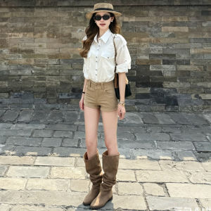 V.C.I | High Waist Slim Fit A-Line Khaki Denim Shorts