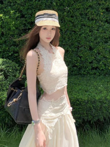 Summer Elegant Gentle Neck Hanging Top Half Skirt Complete Set Ootd Matching Cotton Vest Soft Style Floral Print Date Outfit