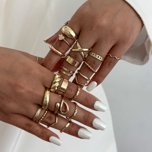 SHIXIN 24Pcs/Set Trendy Irregular Geometry Open Ring for Women Punk Metal Gold Color Stackable Adjustable Ring Set Party Jewelry