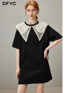 Black Doll Collar Short Sleeve T-Shirt Dress Womens Loose Casual Summer New Style Slimming Midi Skirt Vintage Splicing Embroidery