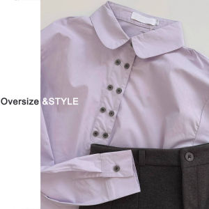 เสื้อเชิ้ตคอโปโลผู้หญิงไซส์ใหญ่ สีม่วง เสื้อคลุมคาร์ดิแกนแขนยาวแบบเปิดหลัง ทรงหลวม ทรงพอดีตัว ผ้าฝ้ายแท้