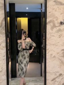 ZYHT Đầm Nước pháp màu đen Một từ cổ áo vải ren Maxi Mảnh mai Đầm nữ dự tiệc cưới đẹp 50349