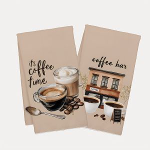 2Pcs Coffee Time Kitchen Towels 40Cm*60Cm Towel Set Super Absorbent Soft Cleaning Cloth Cooking and Baking Tea Towel Hand Towel Cleaning Cloth Dishcloth Kitchen Decoration Living Room Decoration Kitchen Essentials Home Essentials