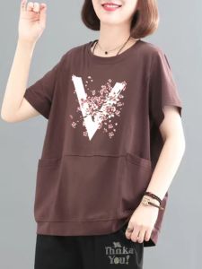 New 2025 round Neck Pocket Short Sleeve Ladies Pure Cotton Printed T-Shirt Summer Casual Loose Versatile Top plus Size