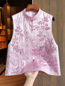 Pink Acetate Chinese Stlye Embroidered Vest Heavy Work Lace Detailing Collar Jacket Womens Suits Single Button Fastening