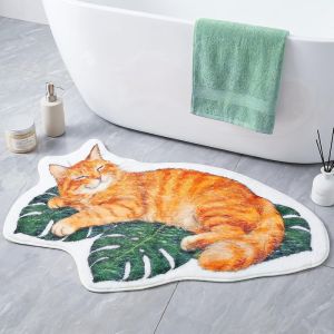 VIKAMA Sleeping Orange Cat Shaped Bath Mat Monstera Leaf Pattern Non Slip Bathroom Floor Mat Bedroom Home Decor
