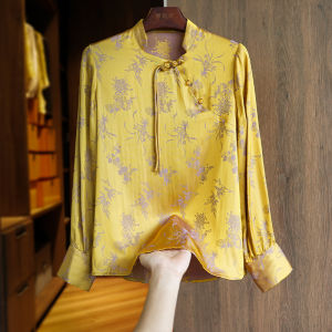 New Chinese Style Long Sleeve Silk Embroidered Shirt Womens Fashionable Early Autumn Top Button Design Loose Fit UV Protection