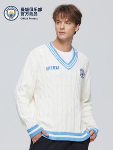 Manchester City Club Blue And White Patchwork Team Emblem Intarsia V-neck Casual Sweater Childrens All Cotton Hoodie Warmth