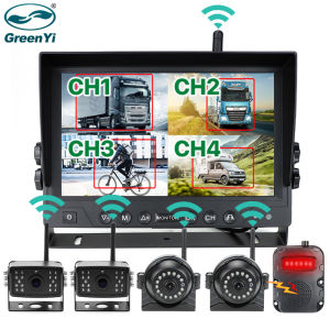 GreenYi Wireless AHD 9 AI Blind Spot Radar BSD Alarm DVR Record Split Screen 4 CH Monitor with IR Camera For Truck Bus Trailer