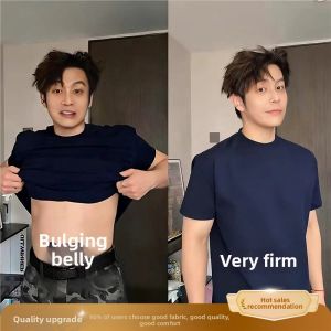 Plus Size Navy Blue American Style Drop Shoulder Belly Concealing Fitness Cooling T-Shirt