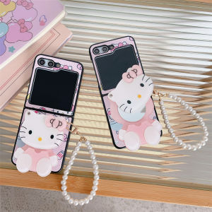 เคสโทรศัพท์มือถือหนัง Kitty Cat Flip Cover ป้องกันการตกหล่น กระจกสำหรับแต่งหน้า ชาร์จไฟแบบอัตโนมัติ สำหรับ Samsung ZFlip7 ZFlip6 ZFlip4 Flip3
