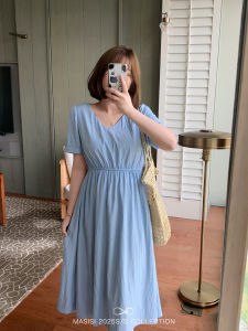 Maxixe plus Size Womens V-Neck Waist-Cinched Dress Summer Vacation Style Thin Medium-Length Skirt Casual High Waist