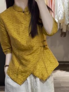 PAIBOLI | Elegant Yellow Silk Shirt With Chinese Style Button Medium Sleeve High Quality Fashionable Unique Top By Pherber