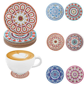 6 DIY Landscape Flower-Themed Diamond Painting Coasters Set Non-Shelf Anti-Slip Wooden Coasters Living Room Kitchen