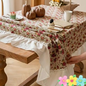 French Ruffle Edge Tablecloth Exquisite Full-Print Pink Rose Rectangular Multi-Scene Table Cover Soft Breathable for Decor & Daily Use