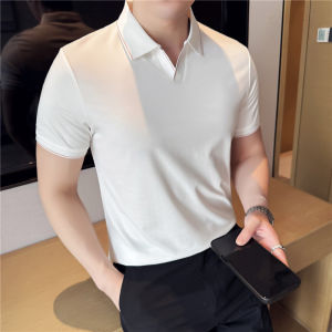 เสื้อยืดคอโปโลผู้ชายผ้าไหมน้ำแข็งบางสีสันตัดกันคอวีแขนสั้นผ้าฝ้ายผสมน้ำหนักเบาสวมใส่สบายสำหรับฤดูร้อน