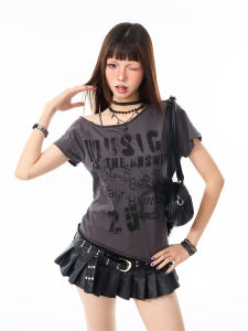 Slanted Shoulder Y2K Letter Printed Short Sleeve Tee Womens Slim Fit Crop Top
