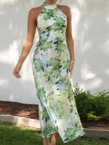 High Neck Lace up Sleeveless Split Long Dress Womens Summer Fashion Polyester Fiber High Waist A-Line Dress Basic Style