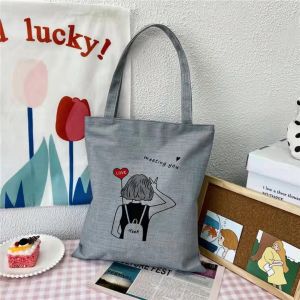 Gray Korean style canvas bag tote bag fashion printing large capacity handbag Suitable for students women men
