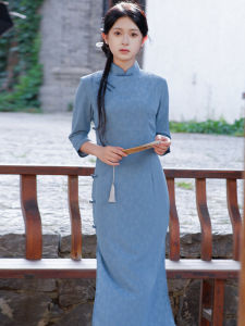 Retro Style Blue Book Scroll Young Girl Cheongsam Long Qipao Traditional Method Spring Collection for Girls 18-25 Years Old