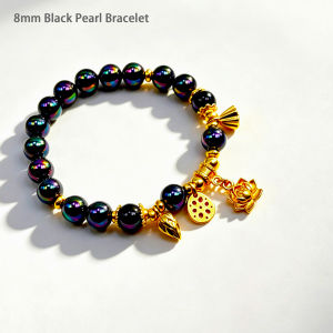 Black Aurora Pearl Bracelet 8mm Satin Gold Lotus Seedpod Lotus Root Charm Bracelet Chinese Style Peace Lucky Daily Jewelry