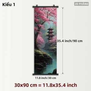 VIKAMA Hoa Anh Đào & Phong Cảnh Chùa Cổ Tranh Cuộn Tấm Thảm Treo Tường Trang Trí Cho Phòng Ngủ & Phòng Khách Polyester