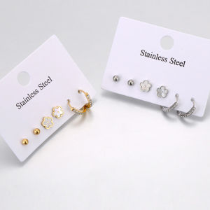 3Pair/Set Fashion Stainless Steel Rhinestone Flower Small Earrings Fashion White Shell Womens Jewelry 18K Gold Plated