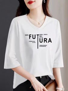 Outlets 100% Pure Cotton Women's V Neck Half Sleeve Slim Easiest for Match Casual Western Style Top White 3/4 Sleeve