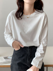 Áo Thun Cotton Tay Dài Màu Trắng Cho Nữ Mùa Xuân Thu Dáng Rộng Cổ Tròn Tay Dài Mặc Trong Quần Áo Công Sở Phong Cách Hàn Quốc