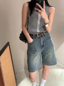Quần Short Denim Cạp Cao Phong Cách Mỹ Cho Nữ Mùa Hè 2024 Quần Ống Rộng Đa Năng Màu Xanh Nhạt Vải Denim Thường Ngày