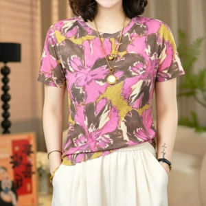 QIAOXIZI | Áo Thun Cổ Tròn Tay Ngắn Nhẹ Mới