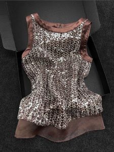 Unique Design Sequin Sleeveless Brown round Neck Top Womens Vest Fashionable Youthful High-End Feel Summer Commute Style