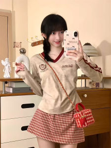 INS K-style V-neck Letter Print T-Shirt Female Contrast Color Stripes Raglan Long Sleeves Sweet Girl Slim Looking Waist Trimming Short Tops