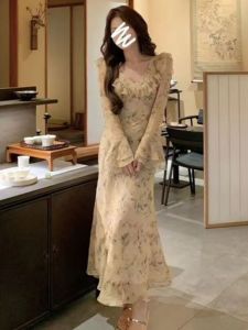 Gentle Floral Print Dress Womens Tea Break Soft Style Korean Version Commute High Waist Bell Sleeve V Neck Midi Dress