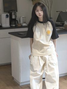 Preppy Style Casual Sports Suit Womens Summer Youth Sense American Raglan Short Sleeve T-shirt Pants Student Two-Piece Suit