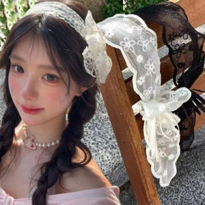 New Vintage Pastoral White Lace Bow Wrap Headband Elegant Embroidery Ribbon Hairband Sweet Wedding Bridal Hair Accessories