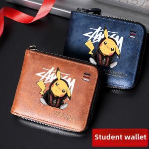 กระเป๋าสตางค์หนังผู้ชาย กระเป๋าใส่เหรียญสั้นแบบมีซิป กระเป๋าใส่บัตรสำหรับนักเรียนและเยาวชน กระเป๋าสตางค์หนัง PU สไตล์ย้อนยุค