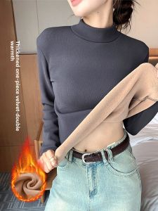 miiow | Thickened Fleece Lined Half High Collar Knitted Base Shirt Womens Inner Wear Autumn Winter Style Grey Sweater Slim Fit Top