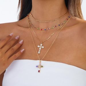 Ingemark 4Pcs/Set Trendy Colorful Rhinestone Cross Pendant Necklace for Women Vintage Gold Color Metal Necklace Y2K Jewelry