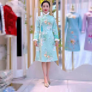 Autumn Winter Thickened Fleece Slimming Qipao Dress Mid-Length Cover Belly A-Line Skirt Long Sleeve Casual Style Natural Waist